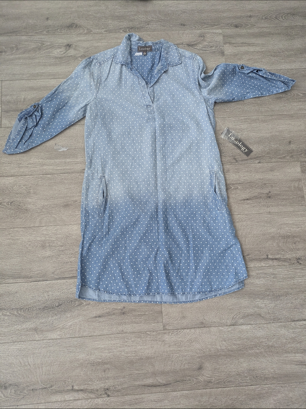 Luxuology Lindy Bop Light Blue Polka Dot Denim Tunic Dress